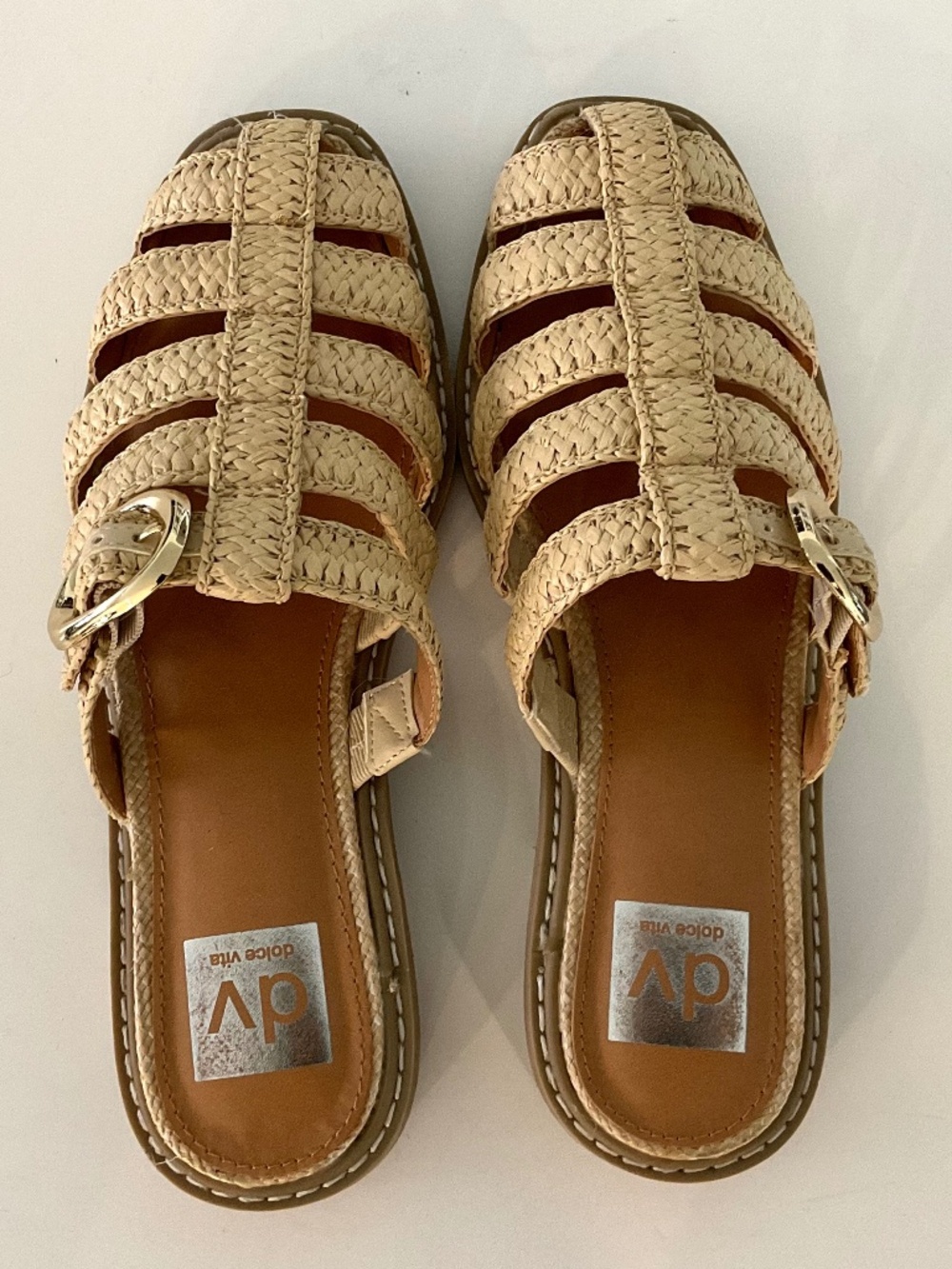 Dolce Vita Beige Braided Slide Sandals with Gold Buckles - Picture 3 of 7